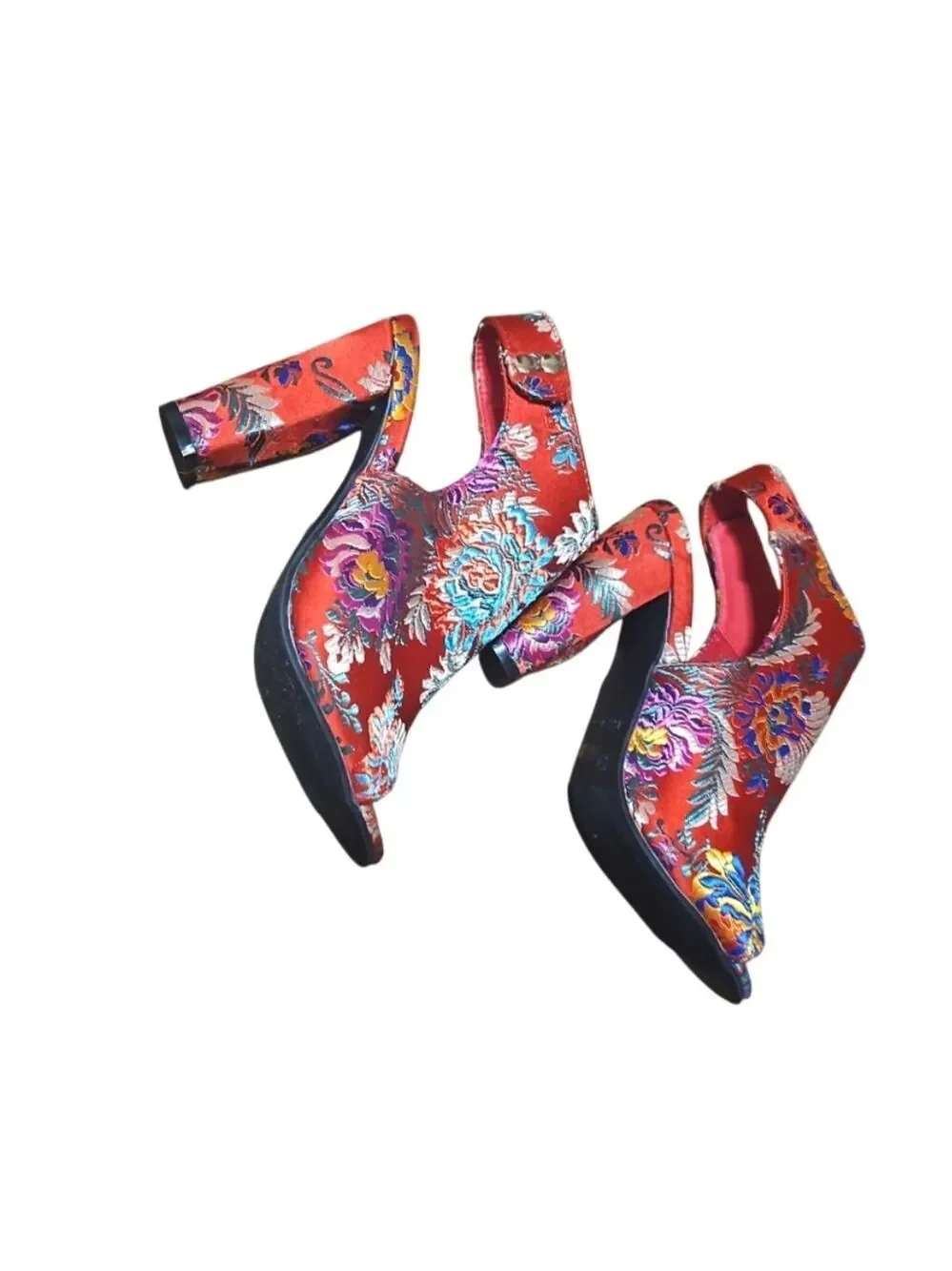Bamboo Red Floral High Heels with Ankle Strap 5.5 Embroidered Colorful Handmade